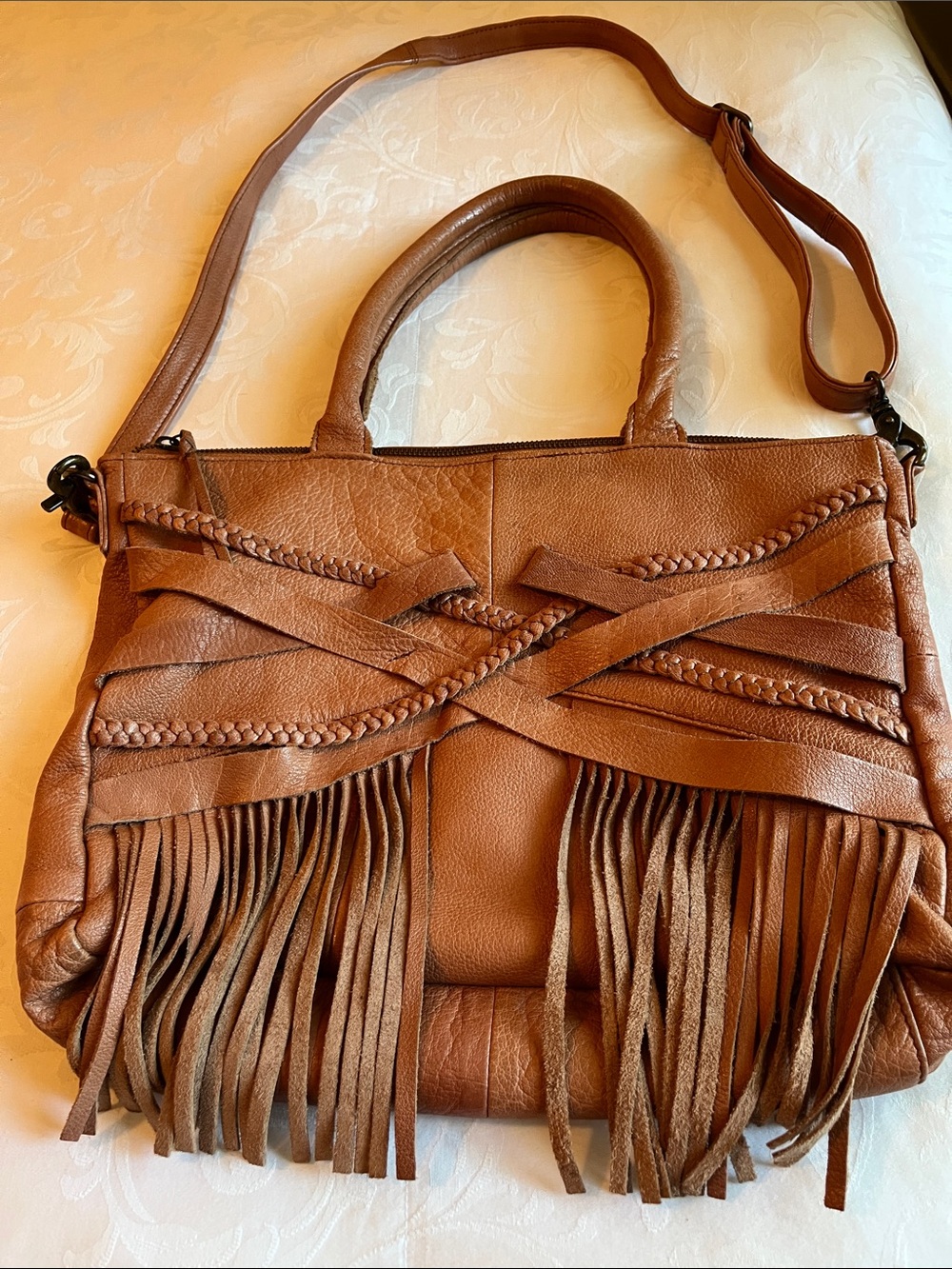 NWOT Never used Day and Mood Tan leather Fringed Woven Accent Shoulder Bag